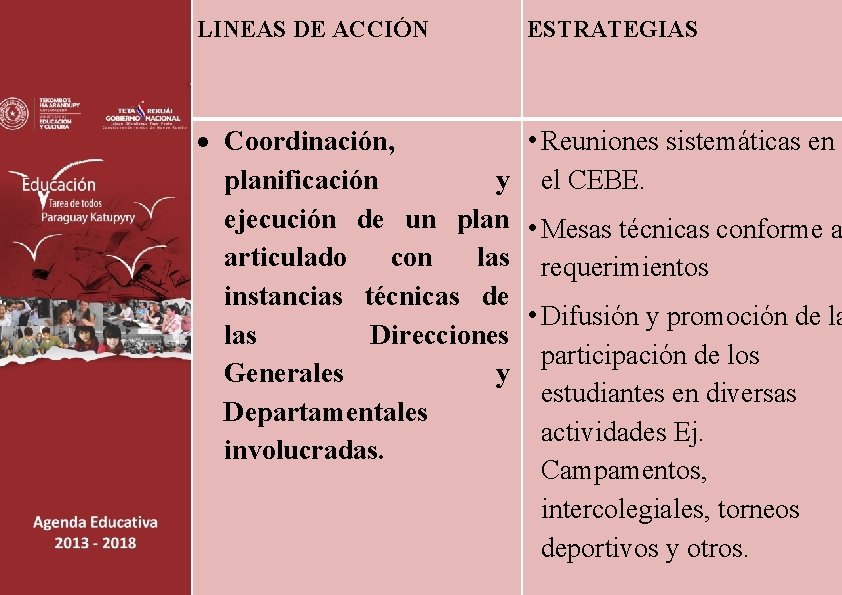 LINEAS DE ACCIÓN ESTRATEGIAS Coordinación, • Reuniones sistemáticas en planificación y el CEBE. ejecución