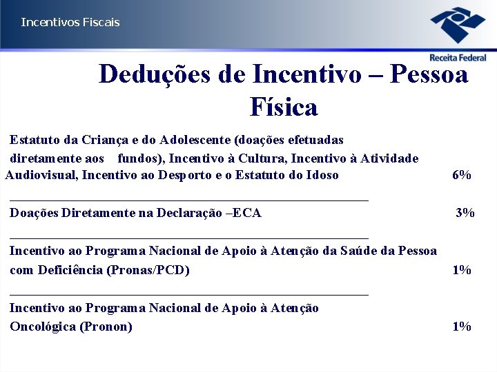 Incentivos Fiscais Deduções de Incentivo – Pessoa Física • Estatuto da Criança e do