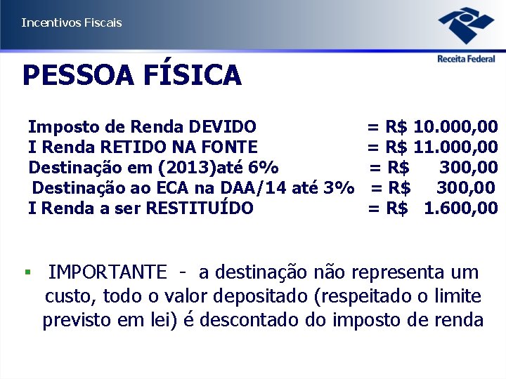 Incentivos Fiscais PESSOA FÍSICA Imposto de Renda DEVIDO I Renda RETIDO NA FONTE Destinação