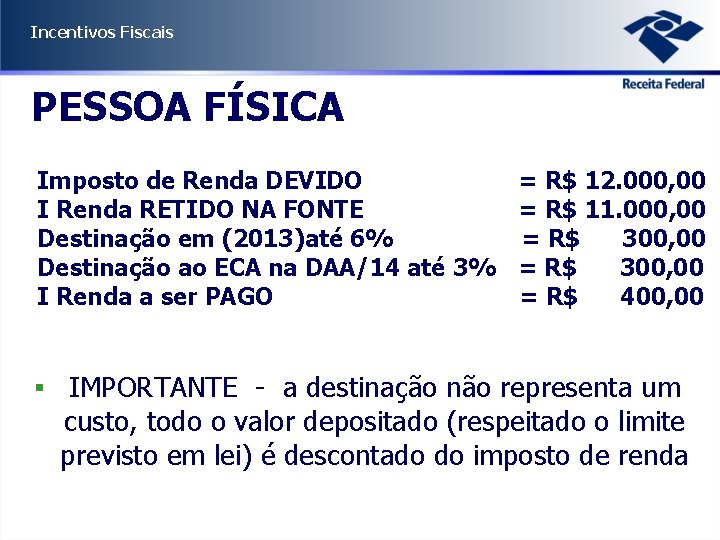 Incentivos Fiscais PESSOA FÍSICA Imposto de Renda DEVIDO I Renda RETIDO NA FONTE Destinação