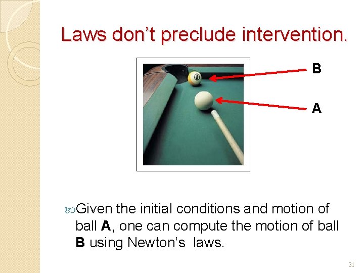 Laws don’t preclude intervention. B A Given the initial conditions and motion of ball