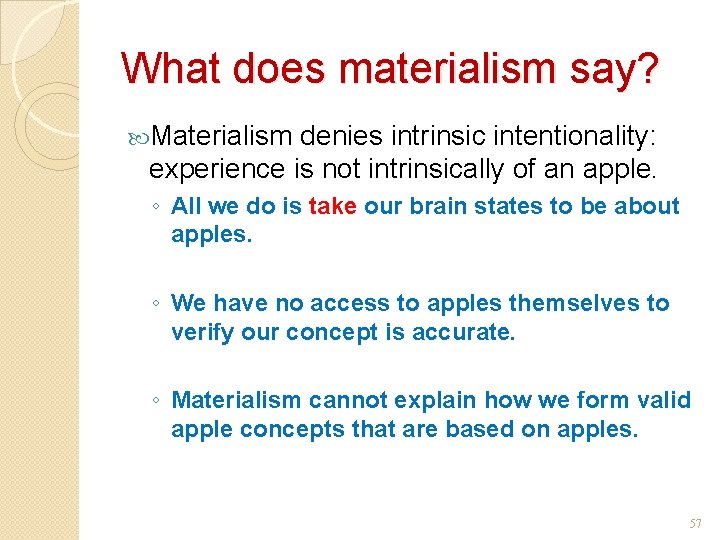 What does materialism say? Materialism denies intrinsic intentionality: experience is not intrinsically of an