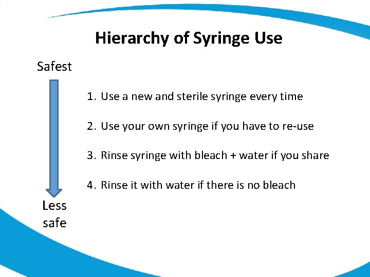 Hierarchy of Syringe Use Safest 1. Use a new and sterile syringe every time