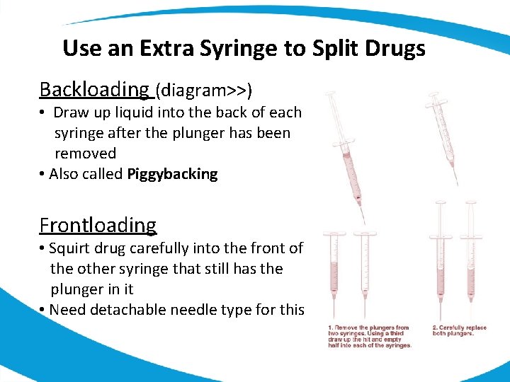 Use an Extra Syringe to Split Drugs Backloading (diagram>>) • Draw up liquid into