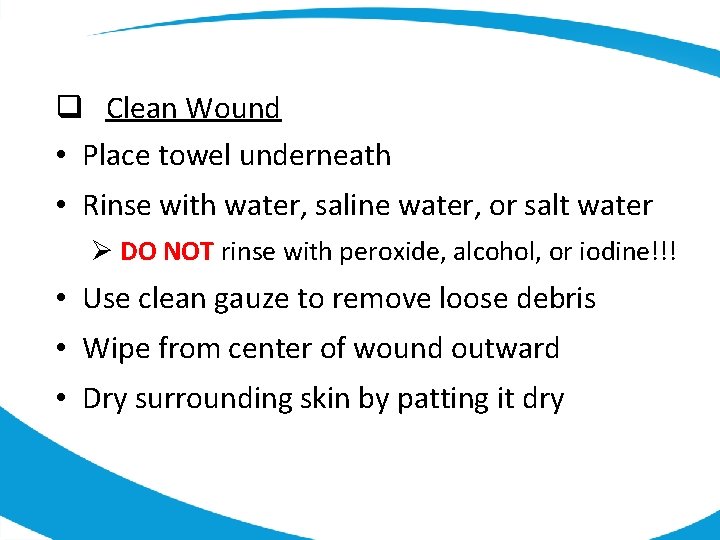 q Clean Wound • Place towel underneath • Rinse with water, saline water, or