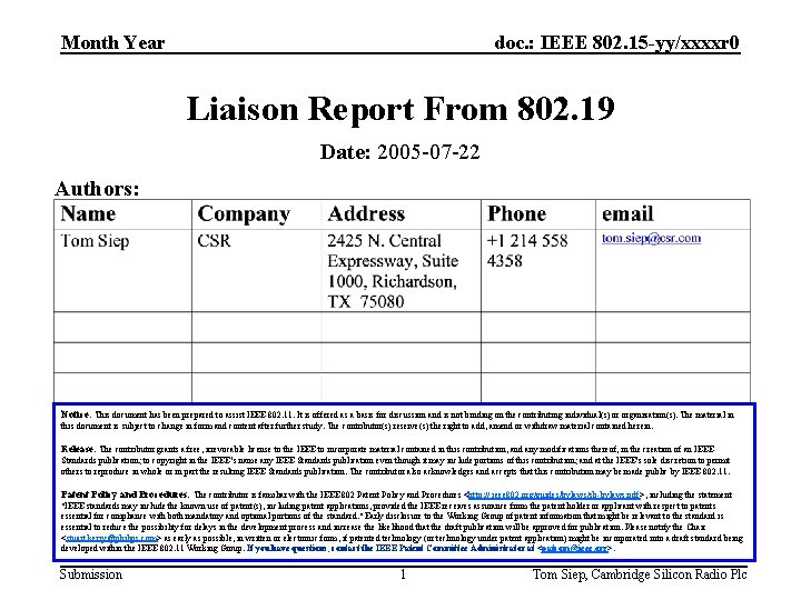 doc. : IEEE 802. 15 -yy/xxxxr 0 Month Year Liaison Report From 802. 19