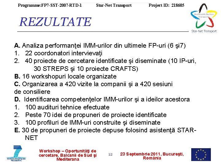 Programme: FP 7 -SST-2007 -RTD-1 Star-Net Transport Project ID: 218605 REZULTATE A. Analiza performanţei