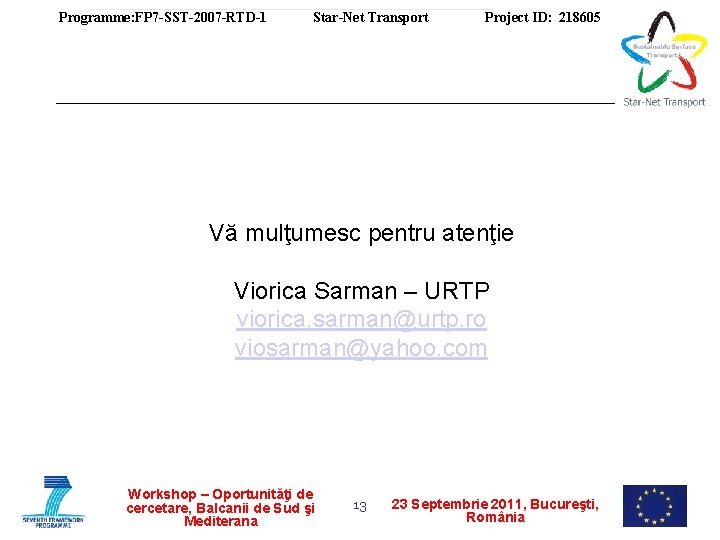 Programme: FP 7 -SST-2007 -RTD-1 Star-Net Transport Project ID: 218605 Vă mulţumesc pentru atenţie