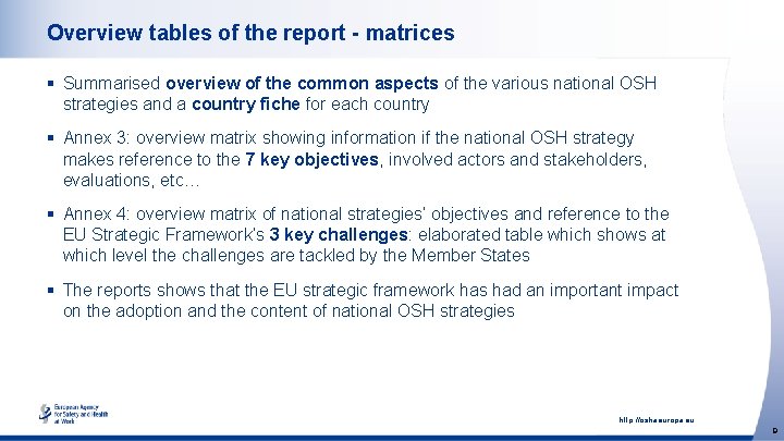 Overview tables of the report - matrices § Summarised overview of the common aspects