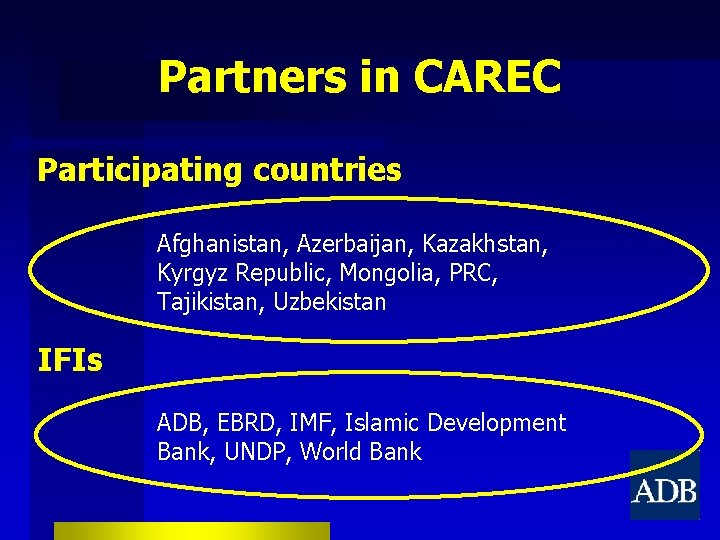 Partners in CAREC Participating countries Afghanistan, Azerbaijan, Kazakhstan, Kyrgyz Republic, Mongolia, PRC, Tajikistan, Uzbekistan