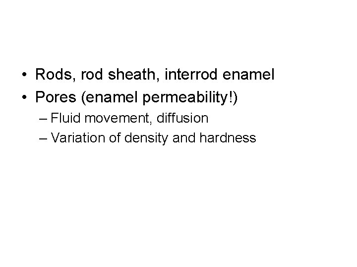  • Rods, rod sheath, interrod enamel • Pores (enamel permeability!) – Fluid movement,