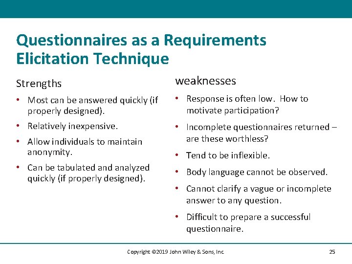 Questionnaires as a Requirements Elicitation Technique Strengths weaknesses • Most can be answered quickly