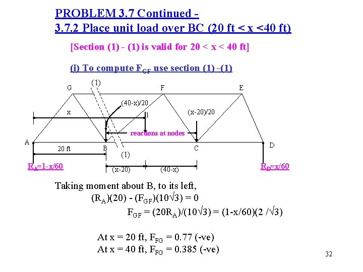 PROBLEM 3. 7 Continued 3. 7. 2 Place unit load over BC (20 ft