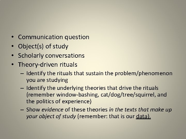  • • Communication question Object(s) of study Scholarly conversations Theory-driven rituals – Identify