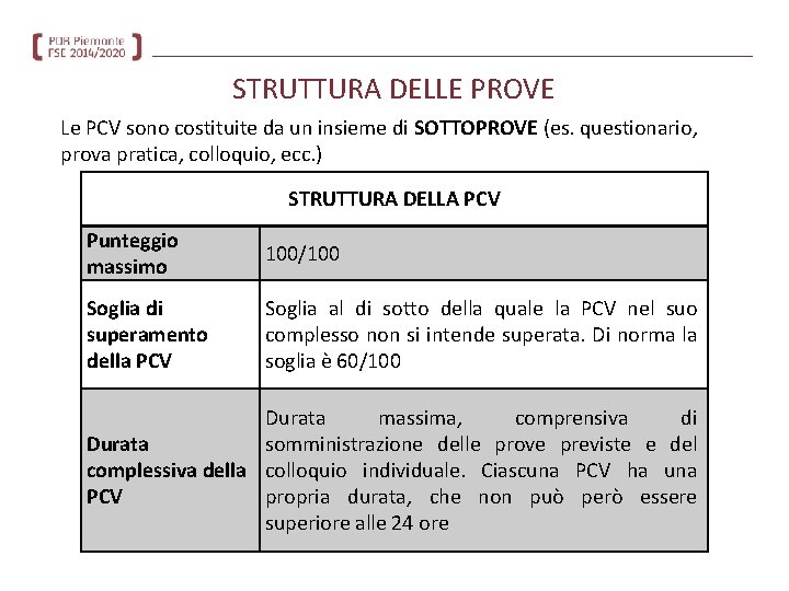STRUTTURA DELLE PROVE Le PCV sono costituite da un insieme di SOTTOPROVE (es. questionario,