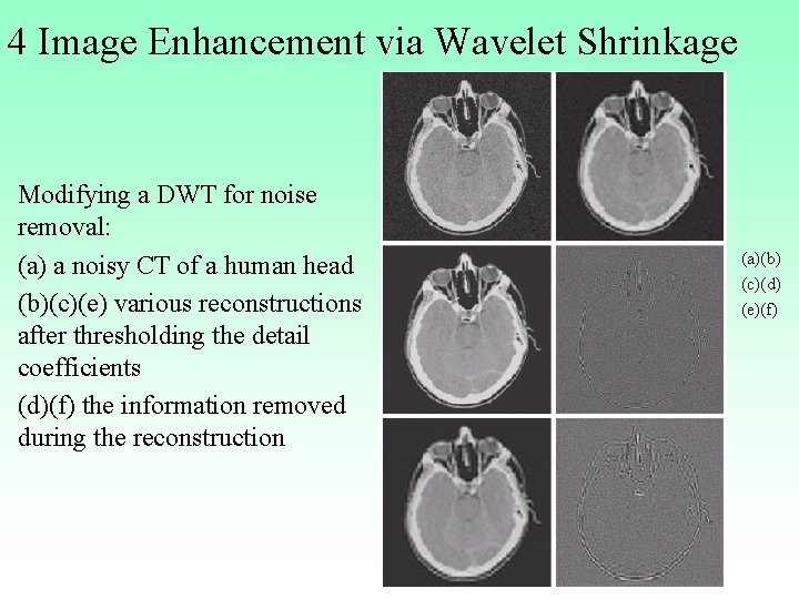 4 Image Enhancement via Wavelet Shrinkage Modifying a DWT for noise removal: (a) a