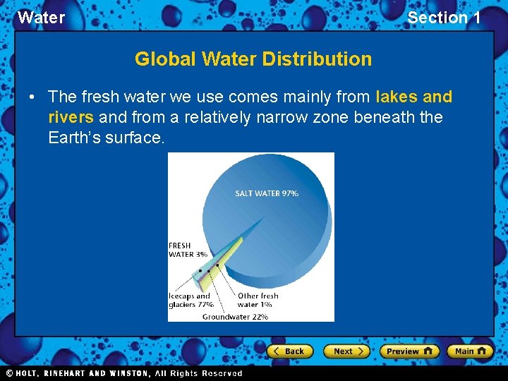 Water Section 1 Global Water Distribution • The fresh water we use comes mainly