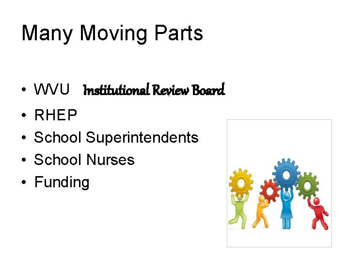 Many Moving Parts • WVU Institutional Review Board • • RHEP School Superintendents School
