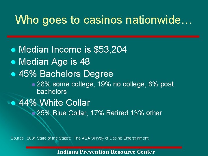 Who goes to casinos nationwide… Median Income is $53, 204 l Median Age is