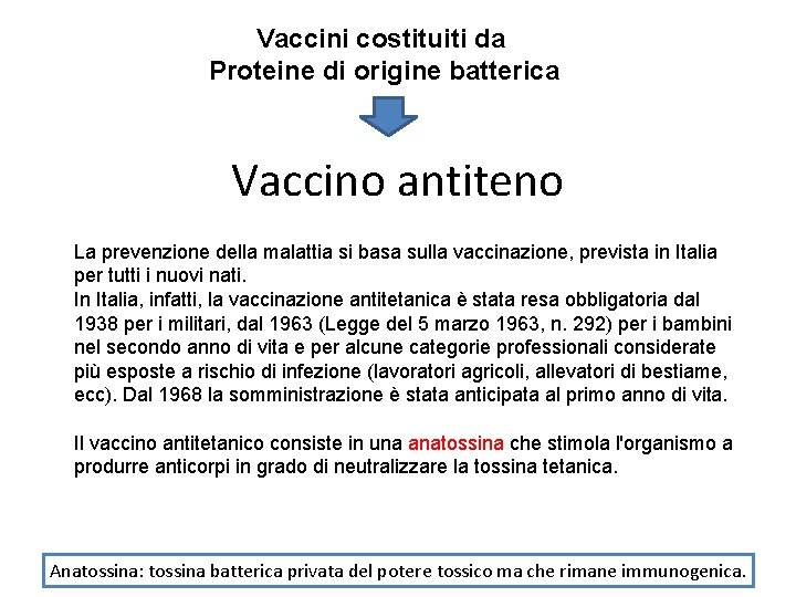 Vaccini costituiti da Proteine di origine batterica Vaccino antiteno La prevenzione della malattia si