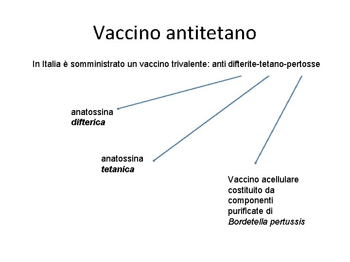 Vaccino antitetano In Italia è somministrato un vaccino trivalente: anti difterite-tetano-pertosse anatossina difterica anatossina