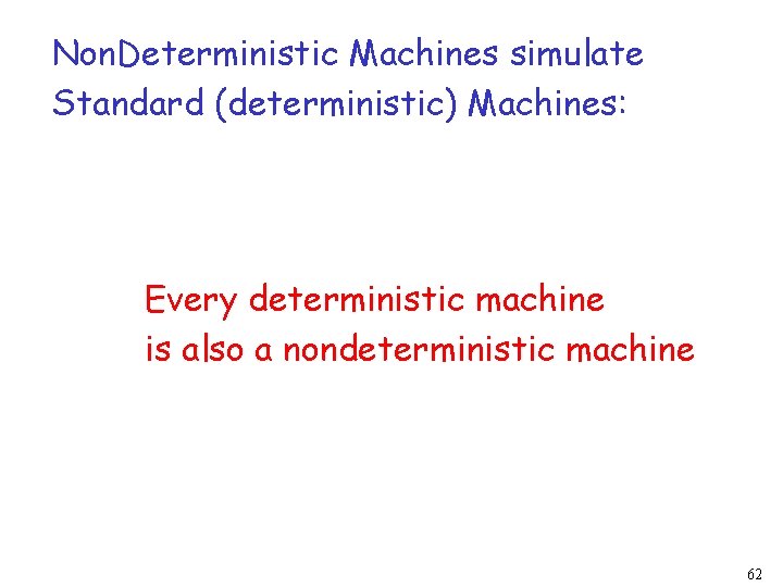Non. Deterministic Machines simulate Standard (deterministic) Machines: Every deterministic machine is also a nondeterministic