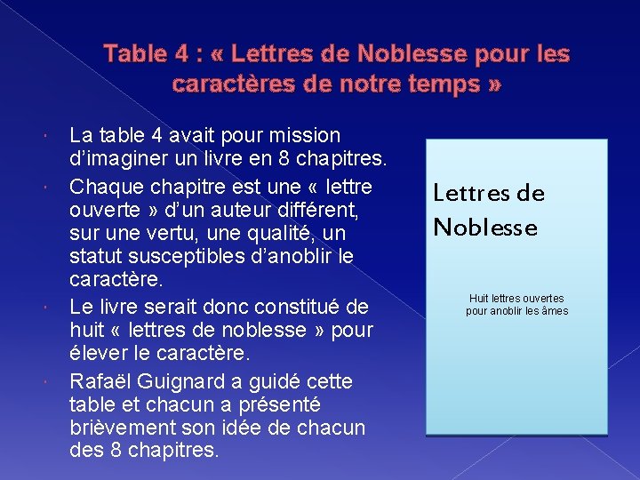 Table 4 : « Lettres de Noblesse pour les caractères de notre temps »