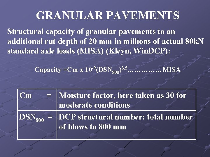 GRANULAR PAVEMENTS Structural capacity of granular pavements to an additional rut depth of 20