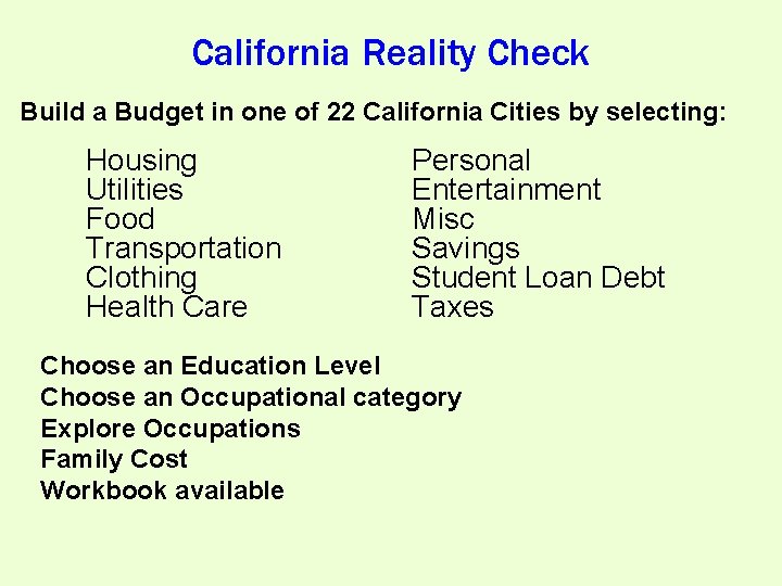 California Reality Check Build a Budget in one of 22 California Cities by selecting: