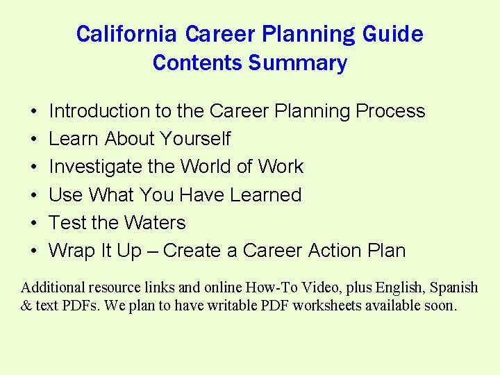 California Career Planning Guide Contents Summary • • • Introduction to the Career Planning