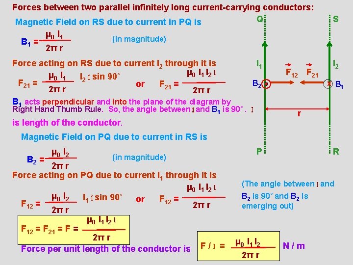 Forces between two parallel infinitely long current-carrying conductors: Q Magnetic Field on RS due