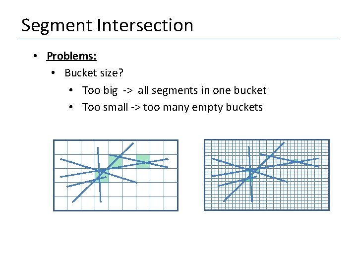 Segment Intersection • Problems: • Bucket size? • Too big -> all segments in