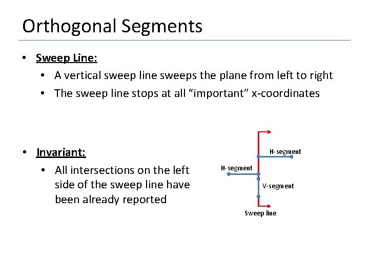 Orthogonal Segments • Sweep Line: • A vertical sweep line sweeps the plane from