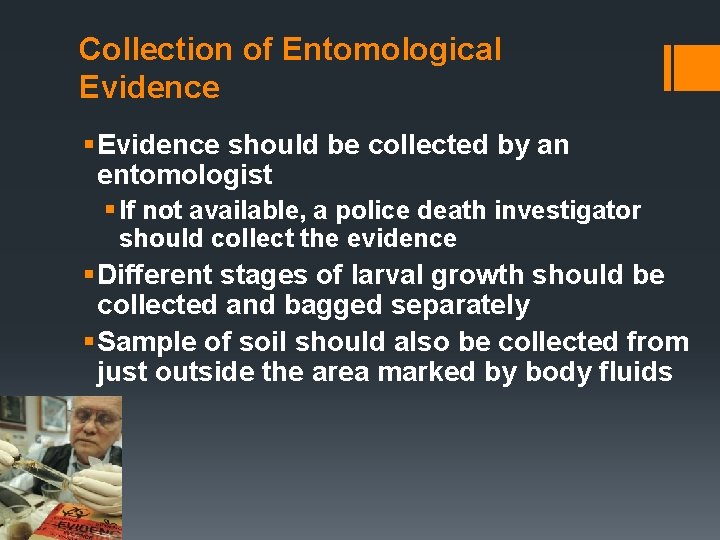 Collection of Entomological Evidence § Evidence should be collected by an entomologist § If