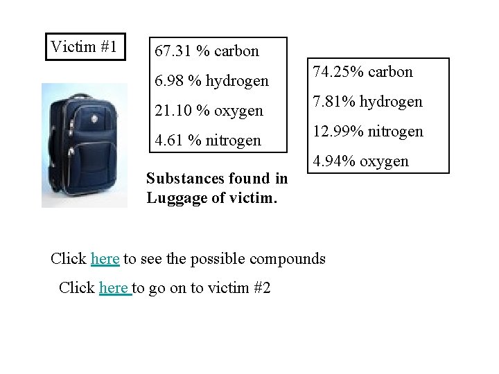 Victim #1 67. 31 % carbon 6. 98 % hydrogen 21. 10 % oxygen