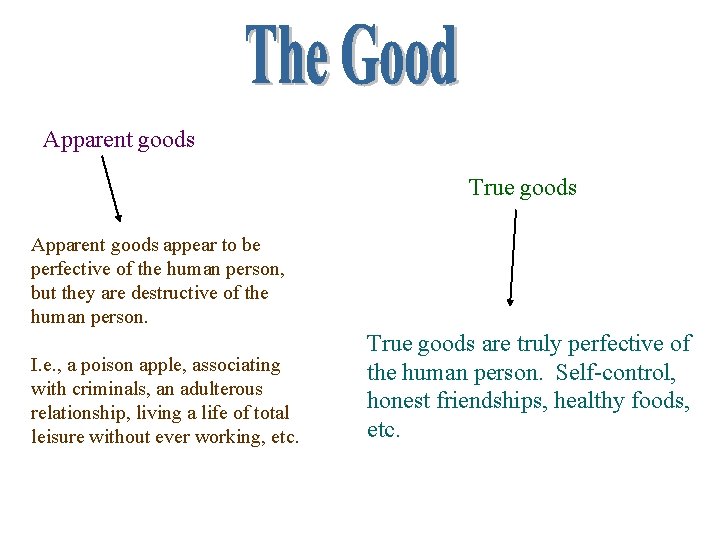 Apparent goods True goods Apparent goods appear to be perfective of the human person,