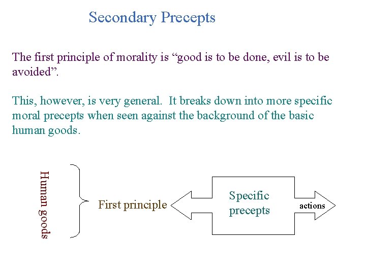 Secondary Precepts The first principle of morality is “good is to be done, evil