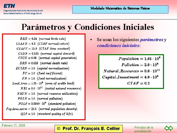 Modelado Matemático de Sistemas Físicos Parámetros y Condiciones Iniciales • Se usan los siguientes