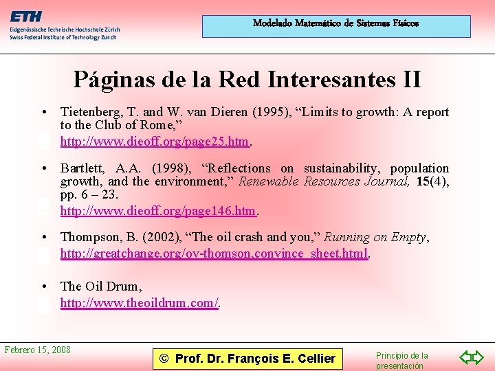 Modelado Matemático de Sistemas Físicos Páginas de la Red Interesantes II • Tietenberg, T.