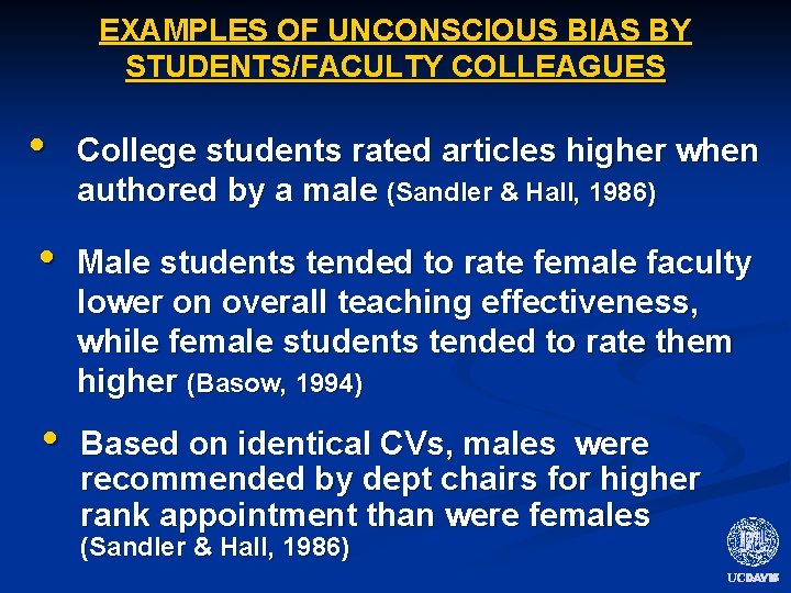 EXAMPLES OF UNCONSCIOUS BIAS BY STUDENTS/FACULTY COLLEAGUES • College students rated articles higher when