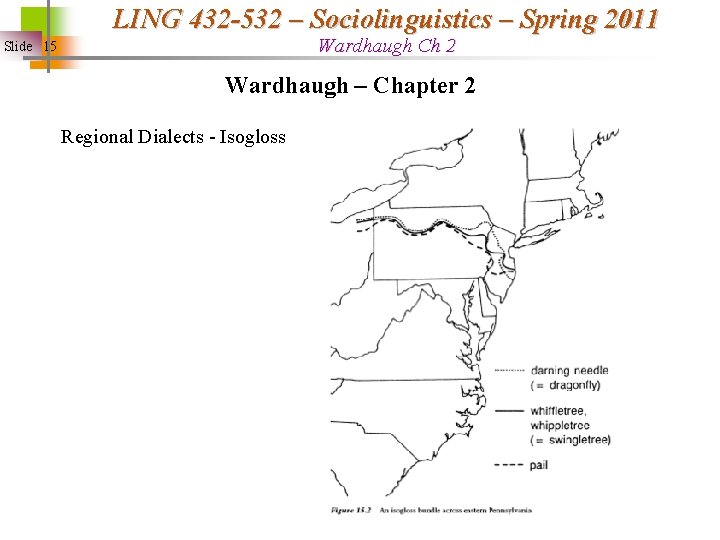LING 432 -532 – Sociolinguistics – Spring 2011 Wardhaugh Ch 2 Slide 15 Wardhaugh