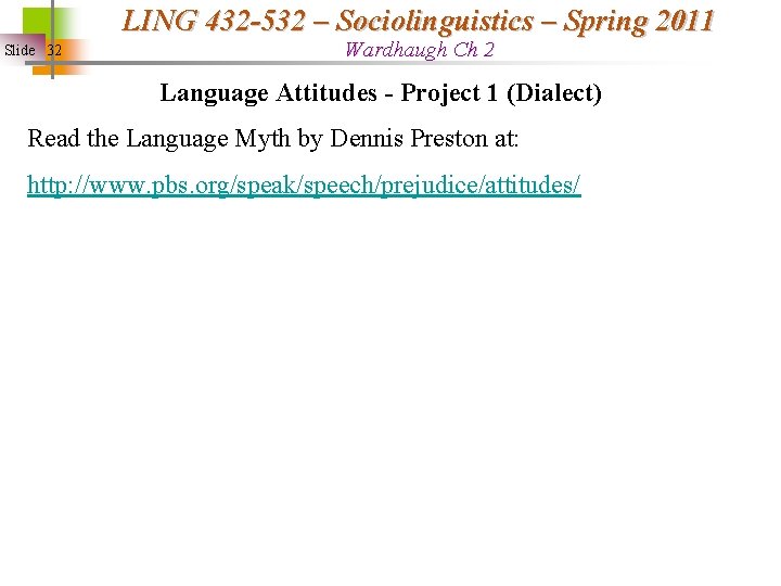 LING 432 -532 – Sociolinguistics – Spring 2011 Slide 32 Wardhaugh Ch 2 Language