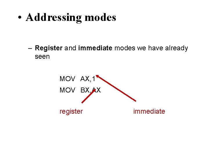  • Addressing modes – Register and immediate modes we have already seen MOV