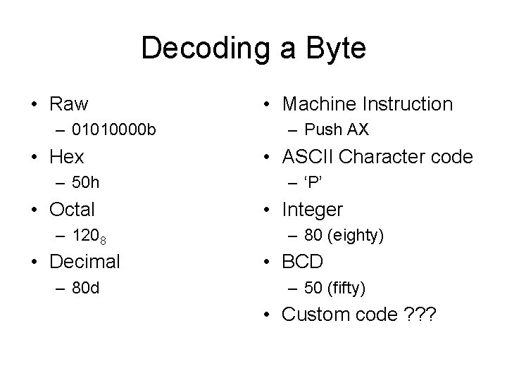 Decoding a Byte • Raw – 01010000 b • Hex – 50 h •