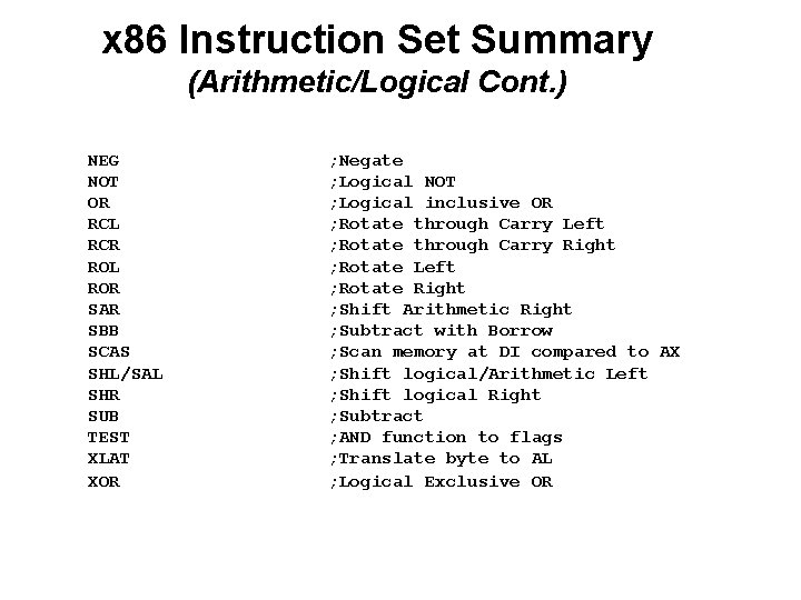 x 86 Instruction Set Summary (Arithmetic/Logical Cont. ) NEG NOT OR RCL RCR ROL