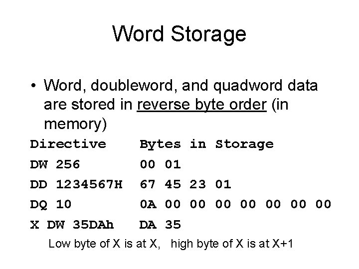 Word Storage • Word, doubleword, and quadword data are stored in reverse byte order
