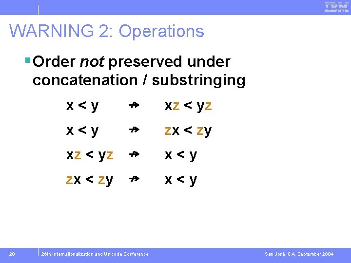 WARNING 2: Operations § Order not preserved under concatenation / substringing 20 x<y ↛