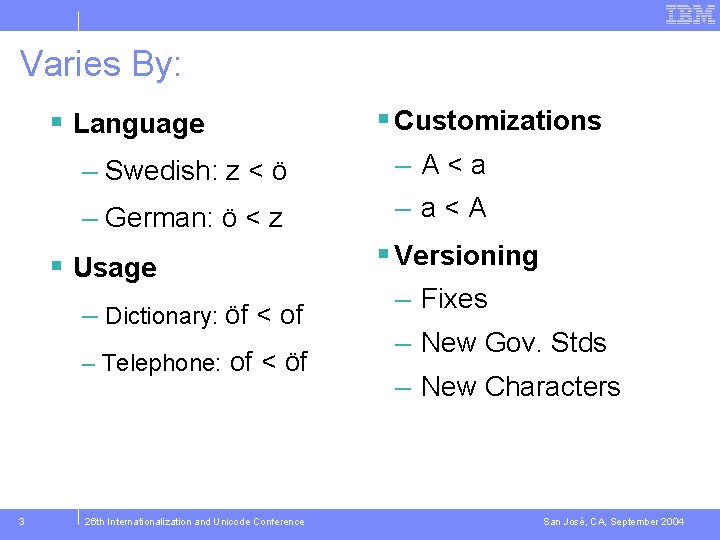 Varies By: § Language – Swedish: z < ö – A<a – German: ö