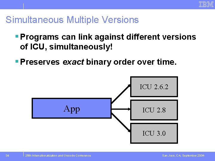 Simultaneous Multiple Versions § Programs can link against different versions of ICU, simultaneously! §