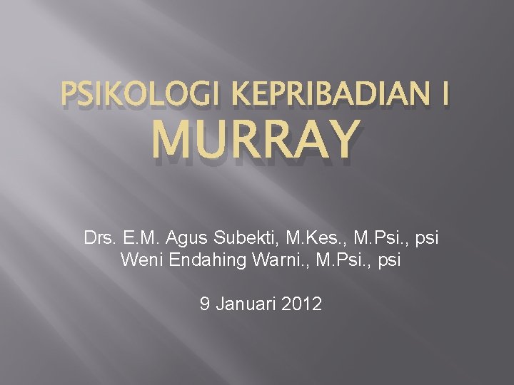 PSIKOLOGI KEPRIBADIAN I MURRAY Drs. E. M. Agus Subekti, M. Kes. , M. Psi.